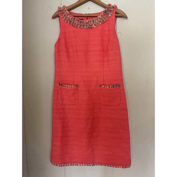 Talbot's Textured Coral Quiet Luxury Tweed Sleeveless Fringe-Neck Shift Dress 4 - Picture 3 of 7